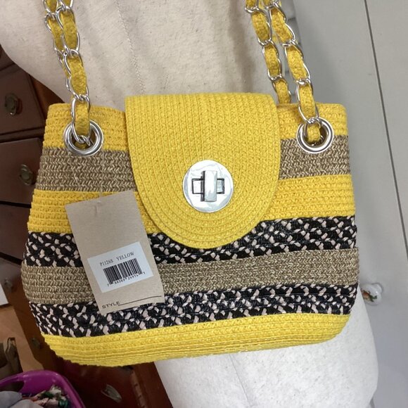 NWT Woven Yellow & Brown Striped Straw Shoulder Bag With Silver Chain Strap & Tu - Picture 13 of 13